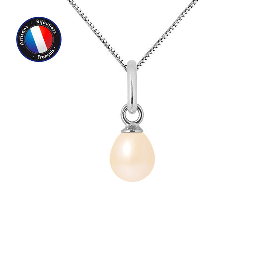 Collier pendentif grosse perle rose - Or Blanc - Perlinea