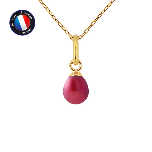 PERLINEA- Pendant- Freshwater Cultured Pearl- Button Diameter 5-6 mm Cherry Red- Women's Jewelry- Yellow Gold