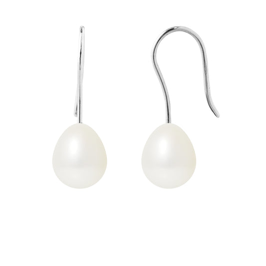 PERLINEA- Boucles d'Oreilles- Perles de Culture d'Eau Douce- Poire Diamètre 7-8 mm Blanc- Bijou Femme- Or Blanc